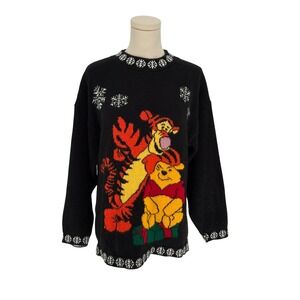 Vintage Disney Winnie the Pooh Tigger Sweater Black Snowflake Holiday Large